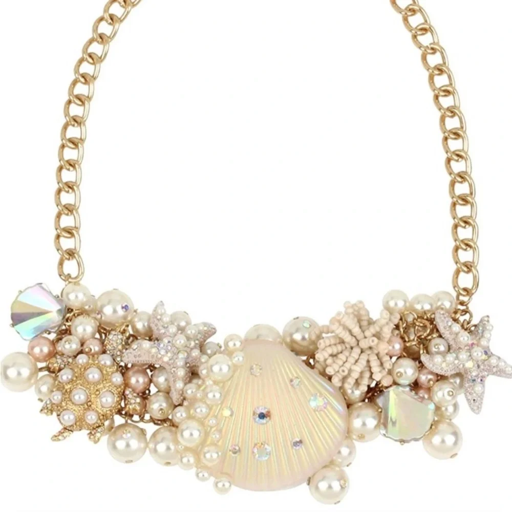BETSEY JOHNSON Pearl Shell STATEMENT NECKLACE! AB Crystals Turtle Mermaid Gold - Picture 11 of 11